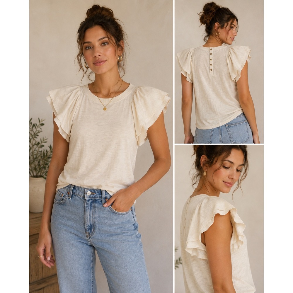 Nation LTD Cream Pima Cotton Flutter Sleeve Button Back Top Large
